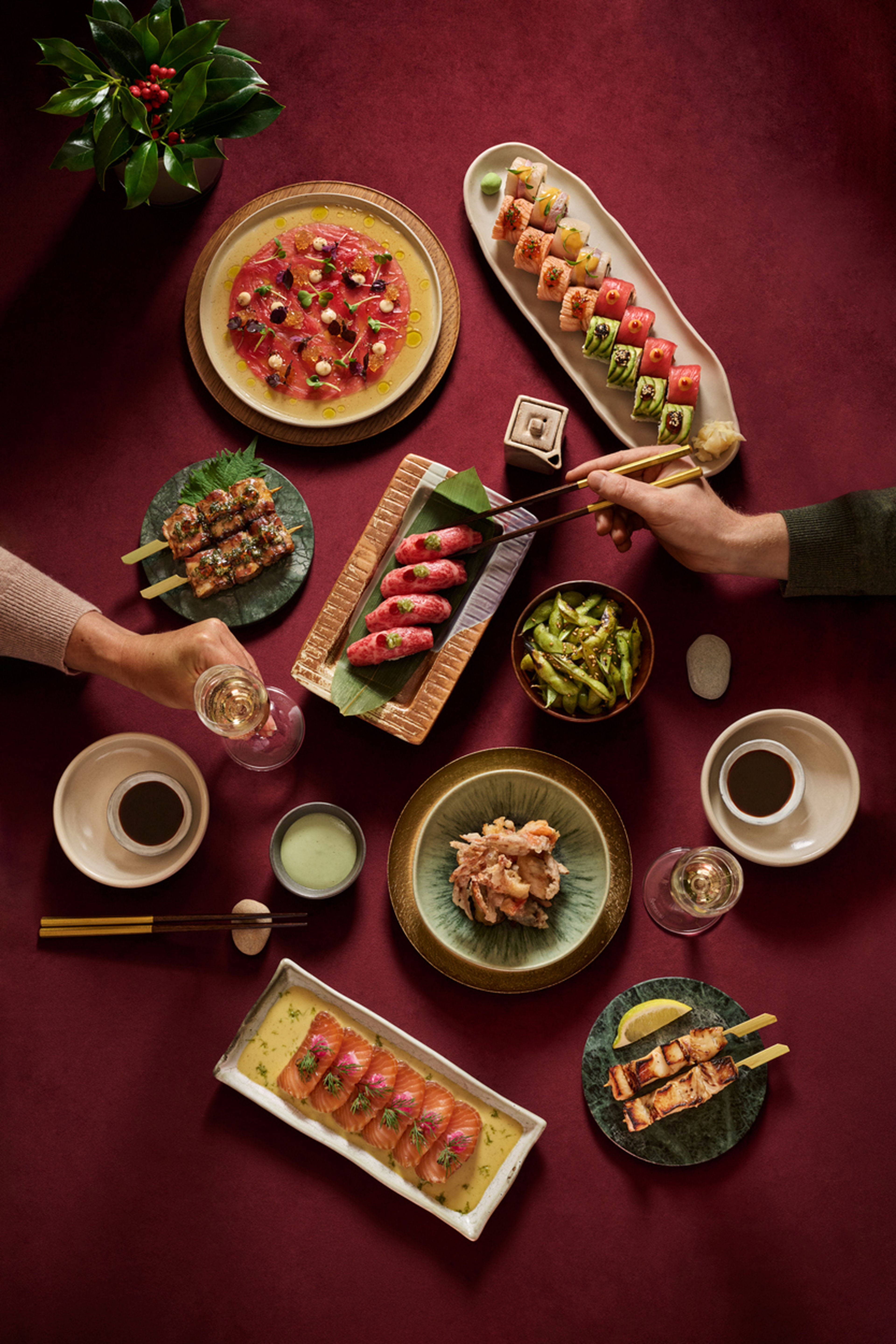 christmas, party, dinner, sushi