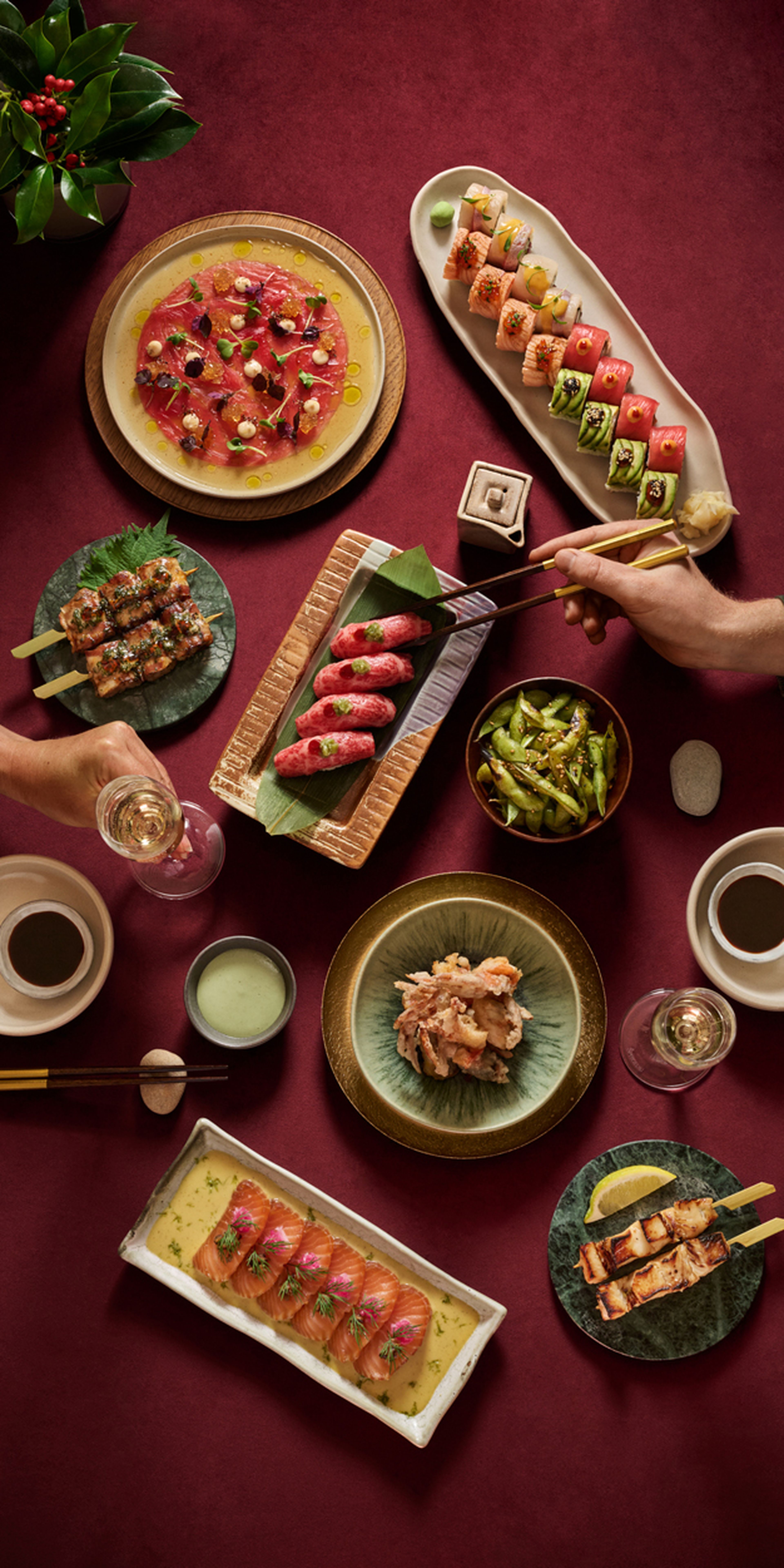 christmas, party, dinner, sushi