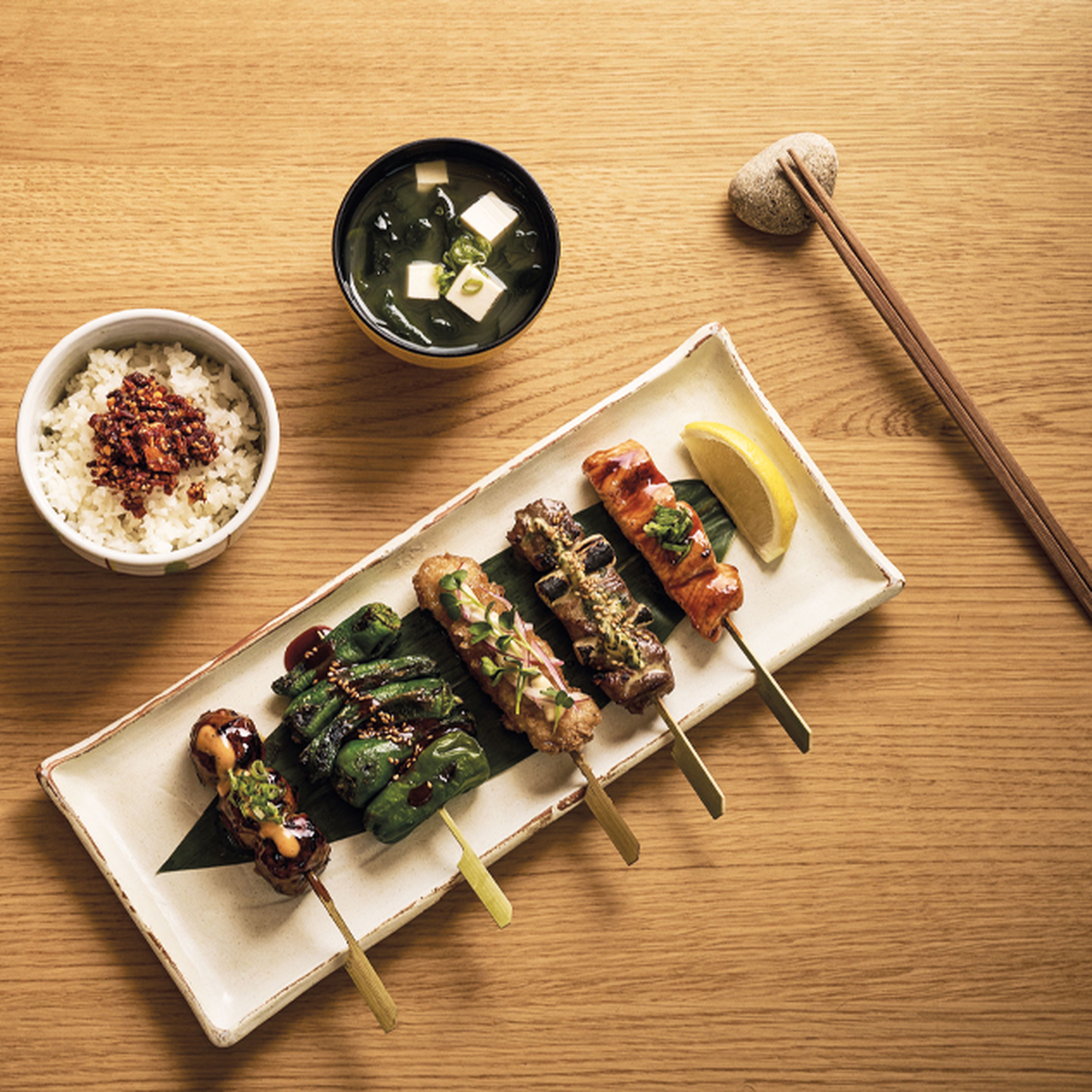 5 sticks from the grill, miso and rice