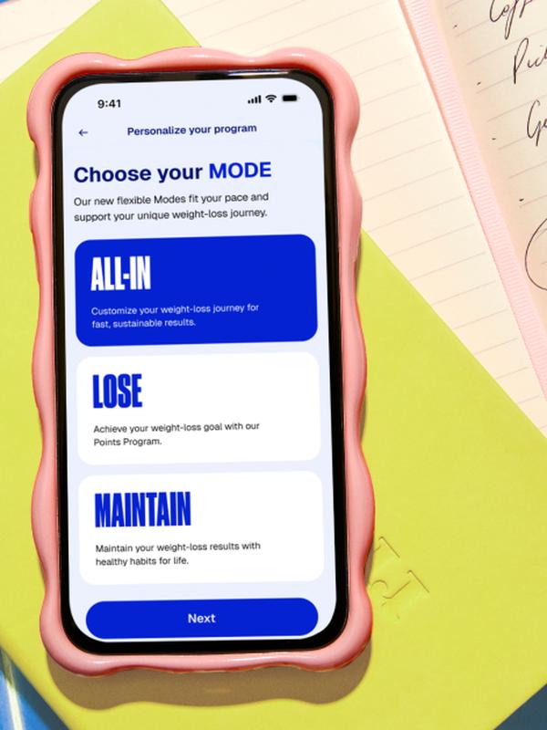 Phone screen displaying WeightWatchers 'Choose your MODE' options: ALL-IN, LOSE, or MAINTAIN.