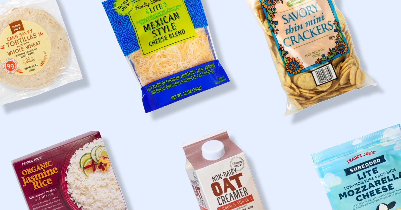 Various Trader Joe's food products including tortillas, cheese, crackers, rice, oat creamer, and mozzarella.
