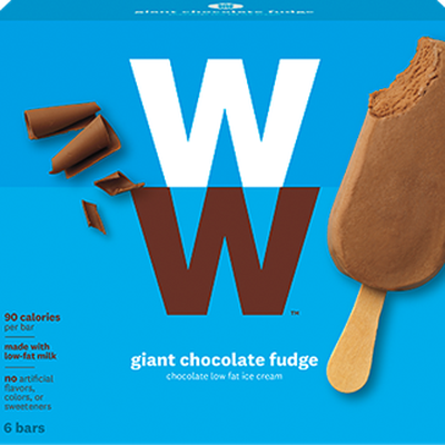 Box for WeightWatchers Giant Chocolate Fudge bars, with one bar shown bitten.