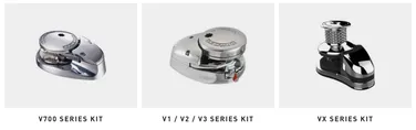 Three anchor windlass kits: V700 Series, V1/V2/V3 Series, and VX Series, each with a sleek metallic design.