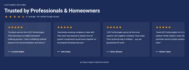Customer reviews for LED Technologies with five-star ratings praising excellent service and support. Average rating: 4.7 from 44+ reviews.