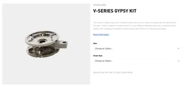 V-Series Gypsy Kit with metal components, offering options for size and chain size selection on a product page with description and pricing info.