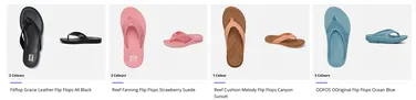 Four pairs of flip flops in black, pink, brown, and blue, each with brand and color options displayed.