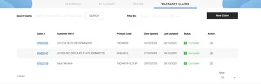 Warranty claims dashboard showing three completed claims with details like claim numbers, product codes, and dates.