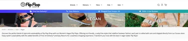Image of a website banner for Flip Flop Shop, featuring vegan flip flops and highlights like free delivery and easy returns from Sussex, UK.