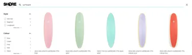 Various surfboards in pastel colors are displayed in a grid with filters for style and color on the left side.