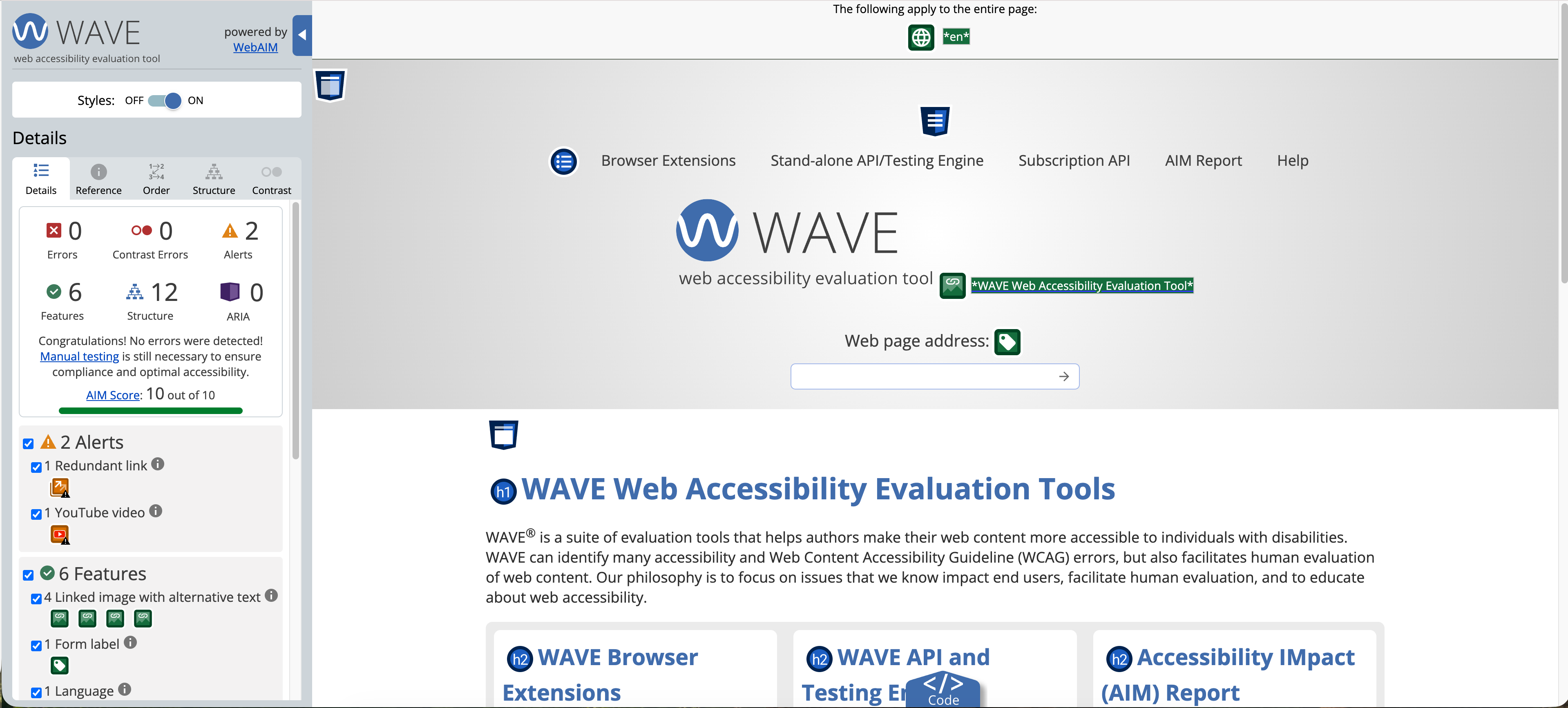 Screenshot of the WAVE web accessibility evaluation tool interface showing no errors, 2 alerts, and a perfect AIM score of 10 out of 10.