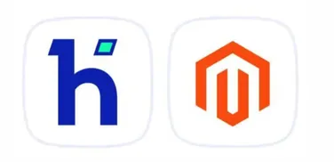 Blue "h" logo with green accent and orange geometric logo side by side on a white background.