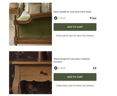 Fabric and wood samples for "Love Story" furniture collection. Olive velvet is free, wood is £4. Both in stock with next day delivery option.