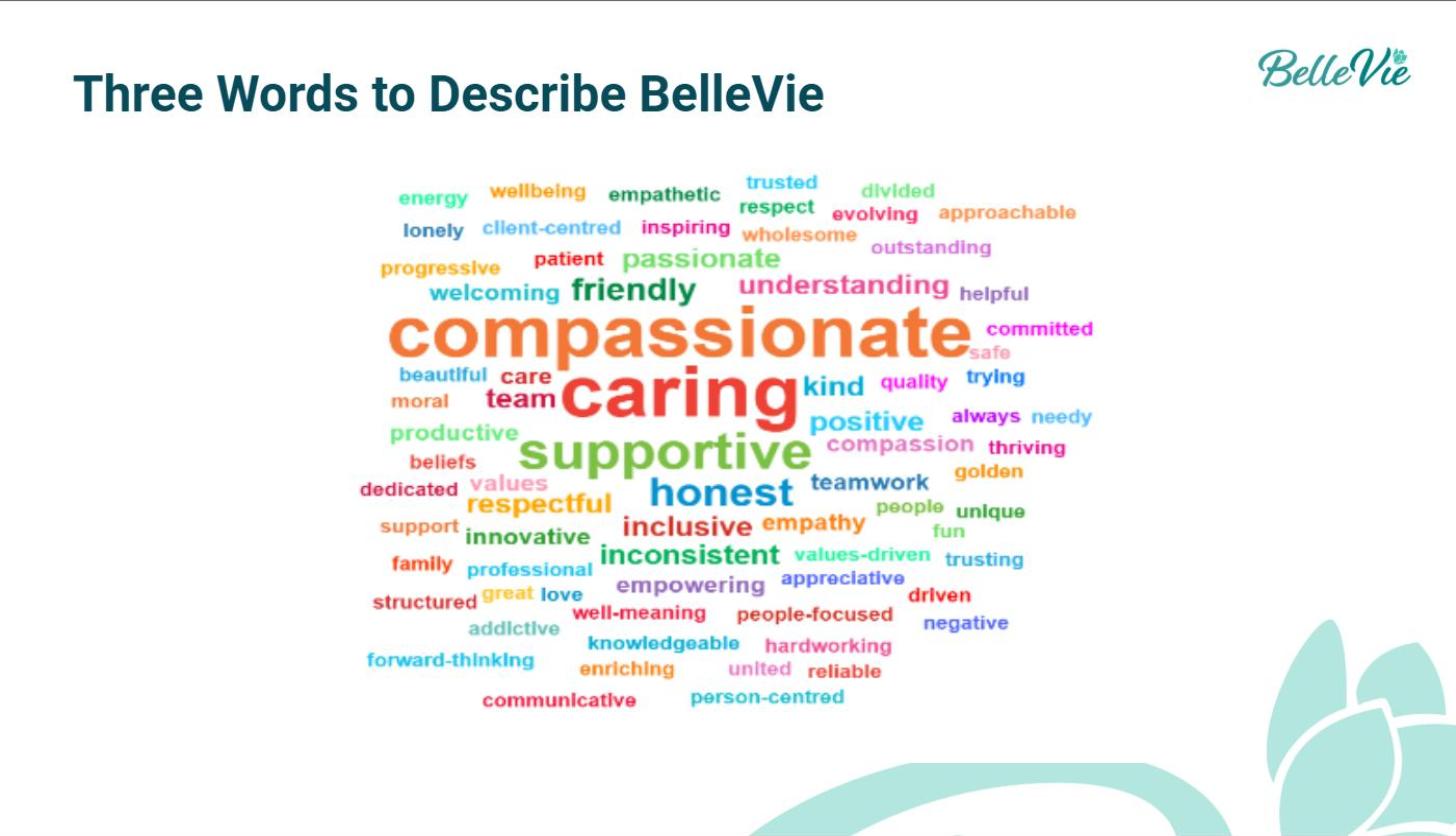 Word cloud from BelleVie's 2026 colleague survey, with 'compassionate', 'caring' and 'supportive' the most-used words
