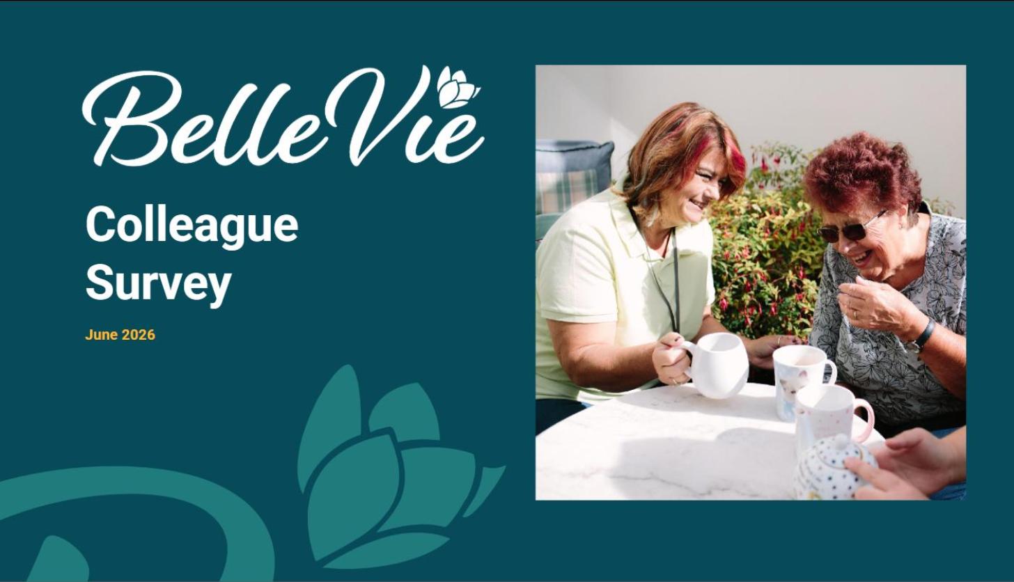 BelleVie Colleague Survey June 2026 banner, featuring a Wellbeing Support Worker sharing a warm moment with the person she supports