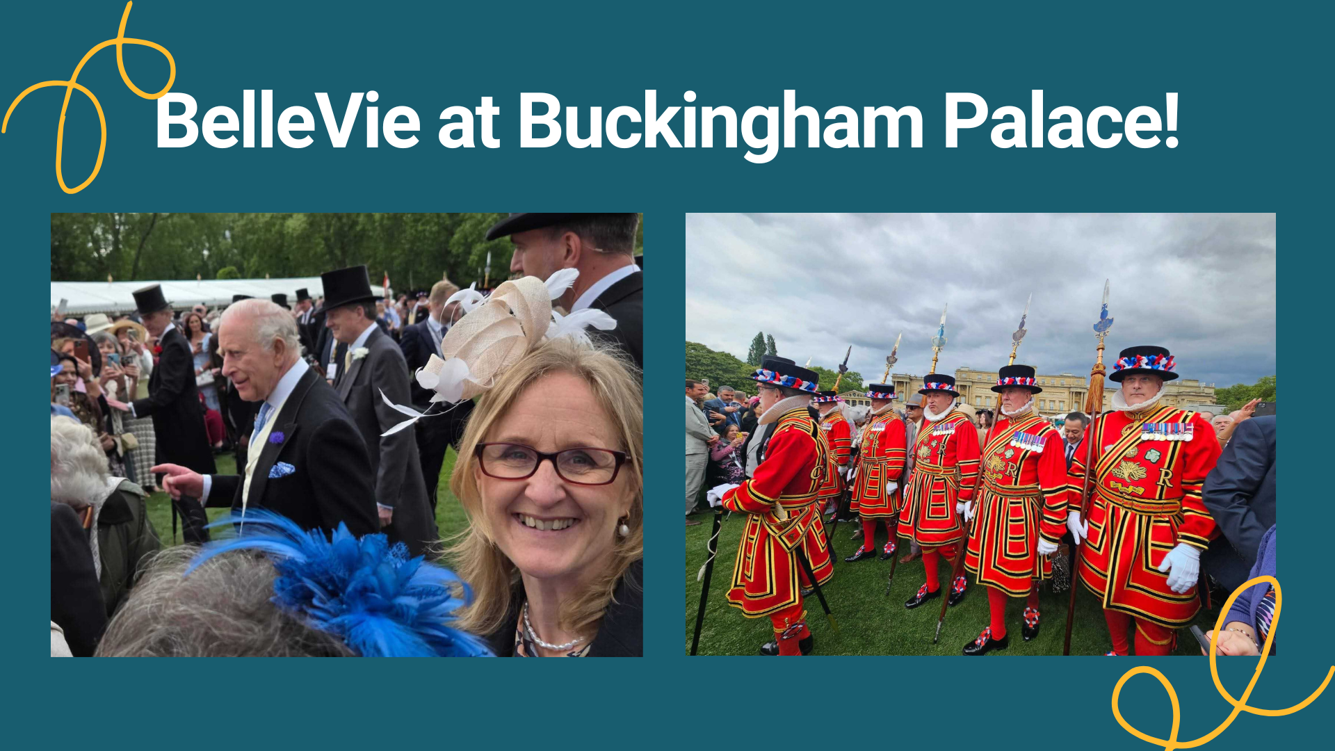 Guests at Buckingham Palace garden event; a woman smiling and Beefeaters in ceremonial uniforms.