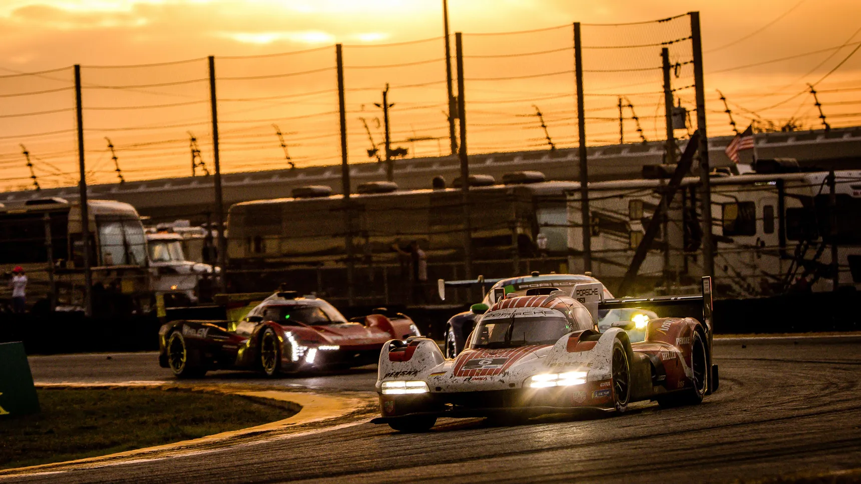 2026 Daytona Rolex 24H Race Results Porsche Penske 963, Whelen Cadillac V-Series R sunset