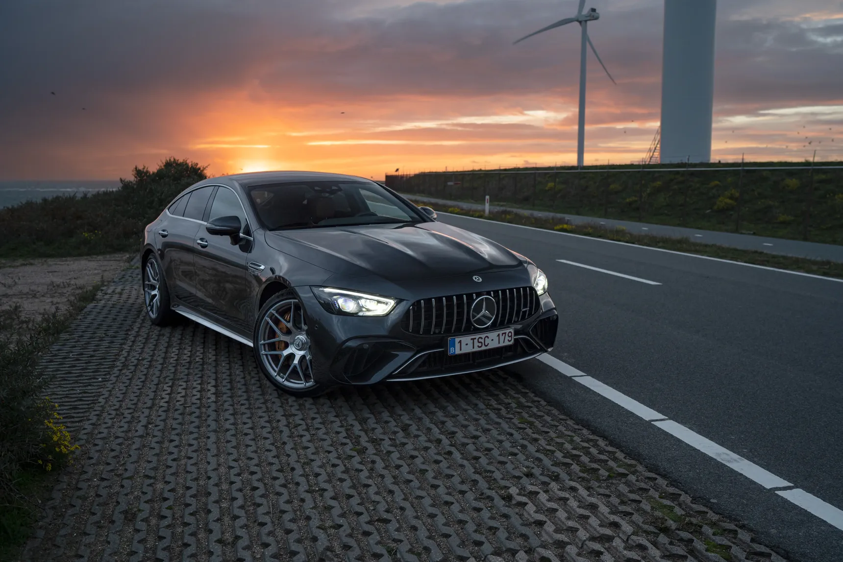 2023 Mercedes-AMG GT 63 S E-Performance 4 Door Coupé front 3/4 sunset