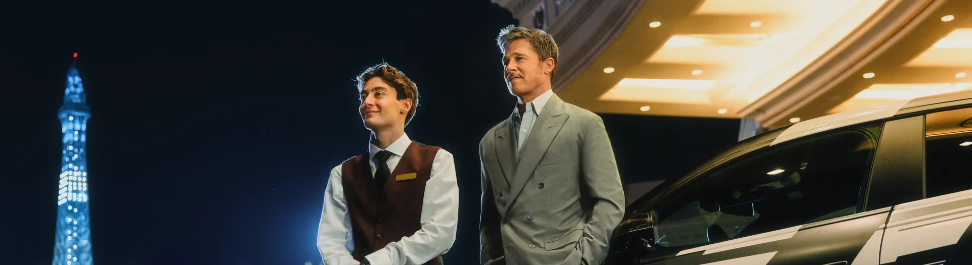 George Russell, Mercedes‑AMG PETRONAS F1 Team driver and Brad Pitt, Actor and Film Producer / Built to excite: A new dimension of performance with Brad Pitt, George Russell and the upcoming Mercedes-AMG GT 4-Door Coupe Las Vegas, 2025