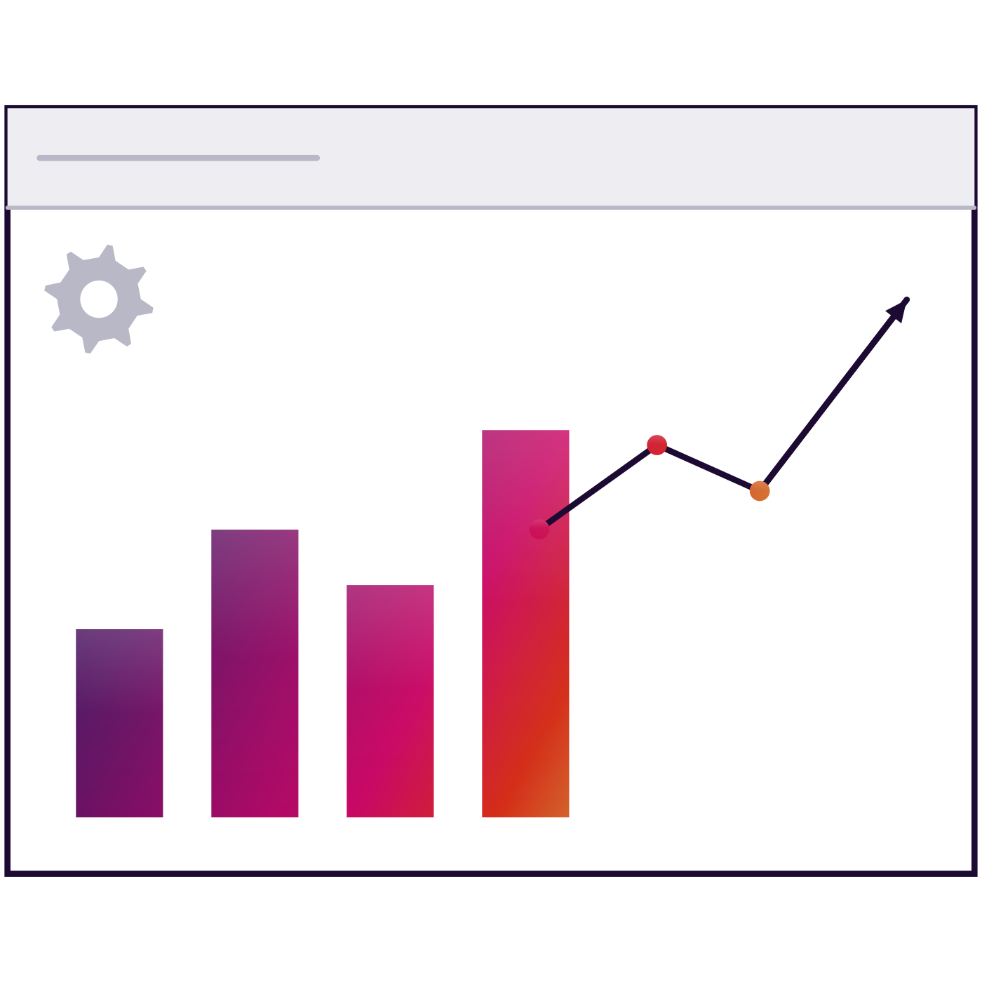 A dashboard with bar charts, a rising trend line and a settings icon, representing ongoing management and optimization.