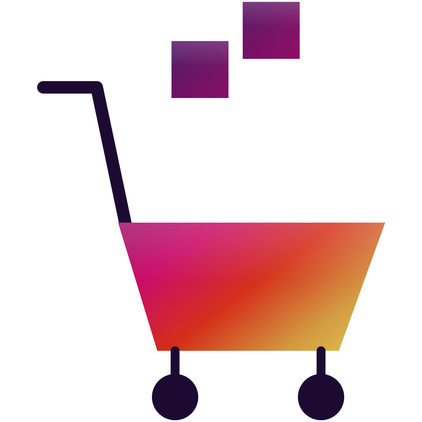 A shopping cart filled with products in Cypoint's gradient colors.