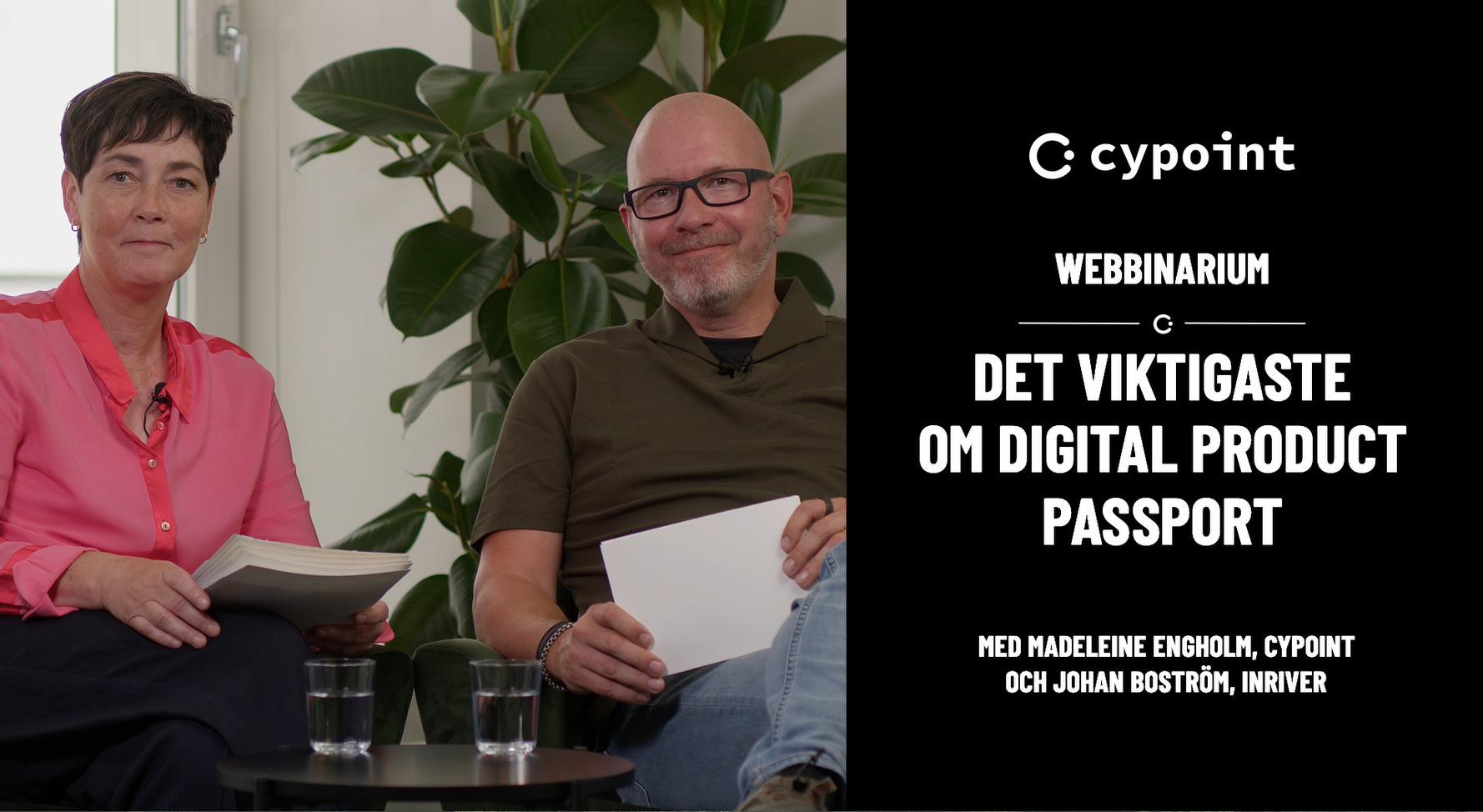 Two people are sitting with papers in their hands; on the right a webinar about digital product passports by Cypoint is being promoted.