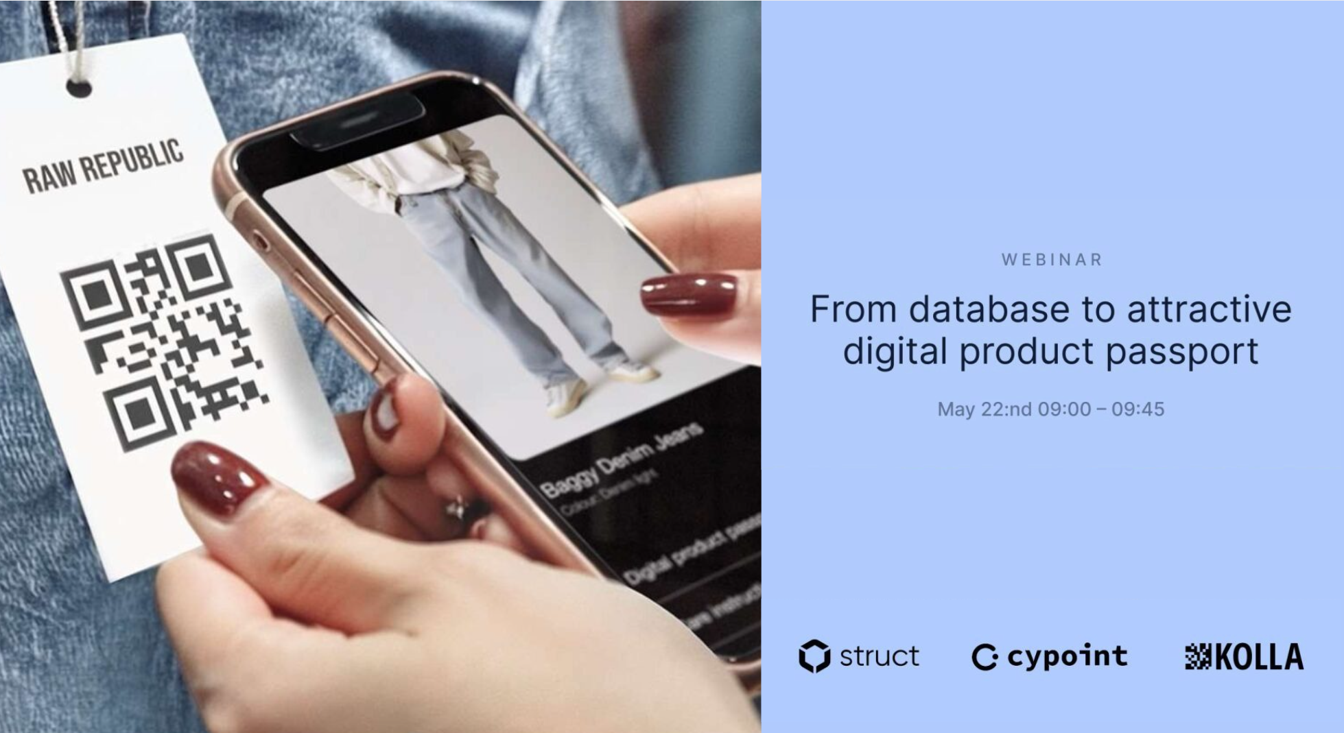 Person scanning a QR code on a clothing label with a smartphone; the text to the right promotes a webinar on digital product passports. Cypoint in collaboration with Struct and Kolla.