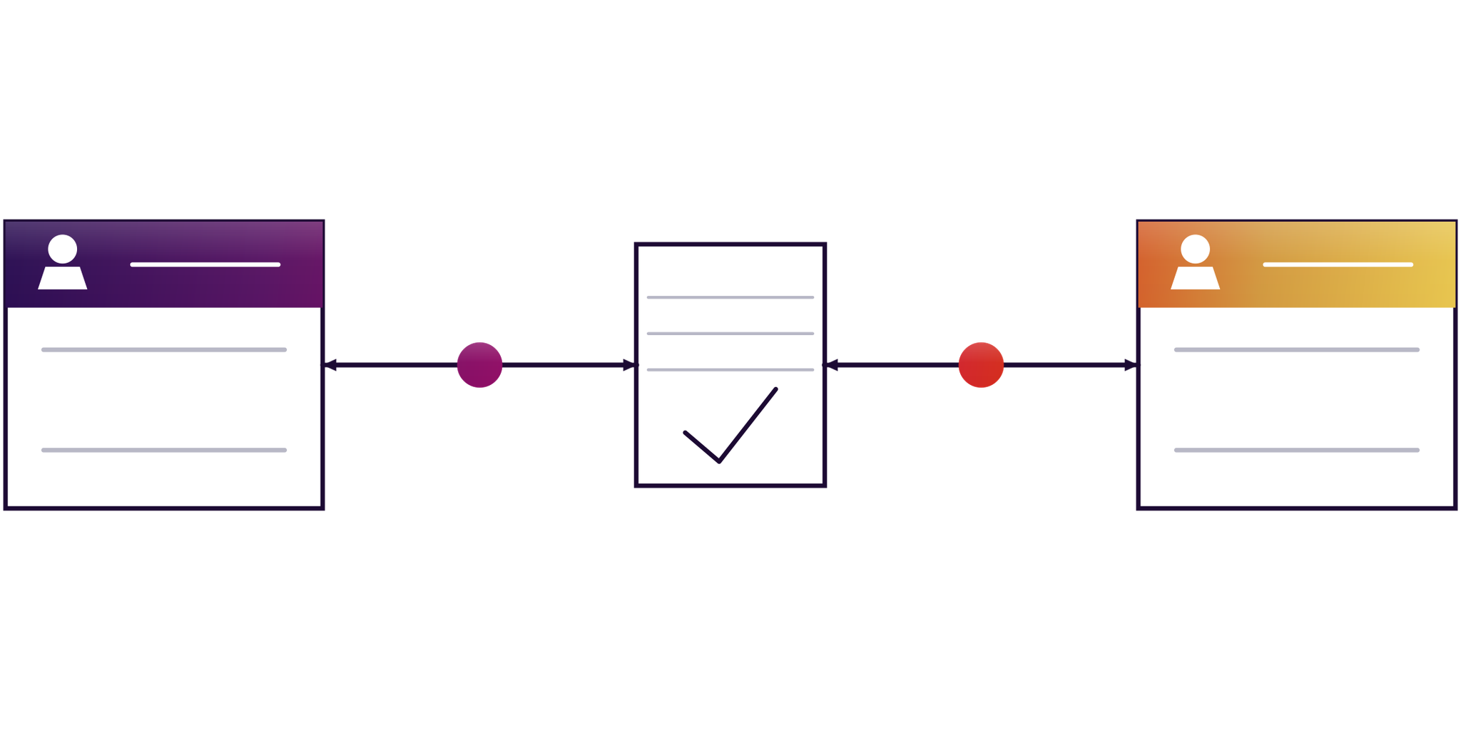 Two companies entering an agreement, with a signed document between them and value exchanged both ways, representing B2B commerce.