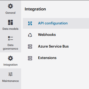 Sidofältsmeny som visar alternativ: Allmänt, Datamodeller, Datastyrning, Integration, Underhåll. "API-konfiguration" är markerat under Integration.