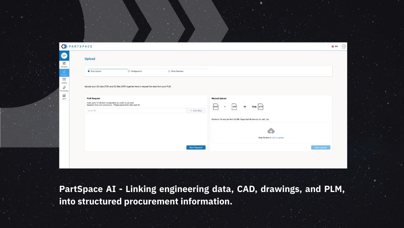 A screenshot from PartSpace AI platform showing the possibility to connect PLM system and 2D and 3D CAd files for instant outcomes