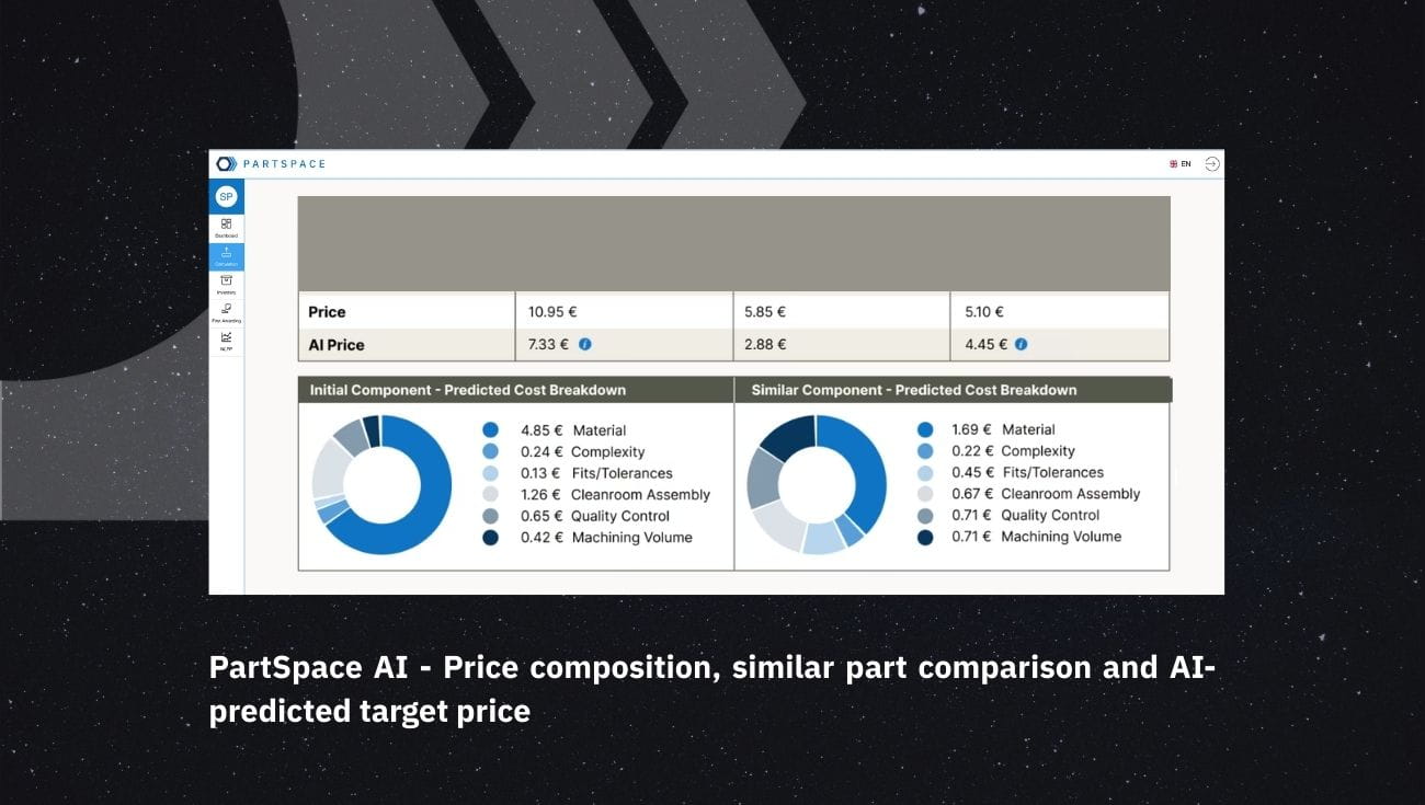 Screenshot von PartSpace AI mit Preisaufschlüsselung, Kostentreibern, Vergleich ähnlicher Komponenten und KI-prognostiziertem Zielpreis auf Basis technischer und fertigungstechnischer Daten.