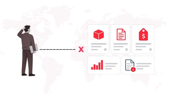 Person holding a laptop looking at several icons, including a cube, a document, a price tag, a graph, and a download symbol, over a world map background.