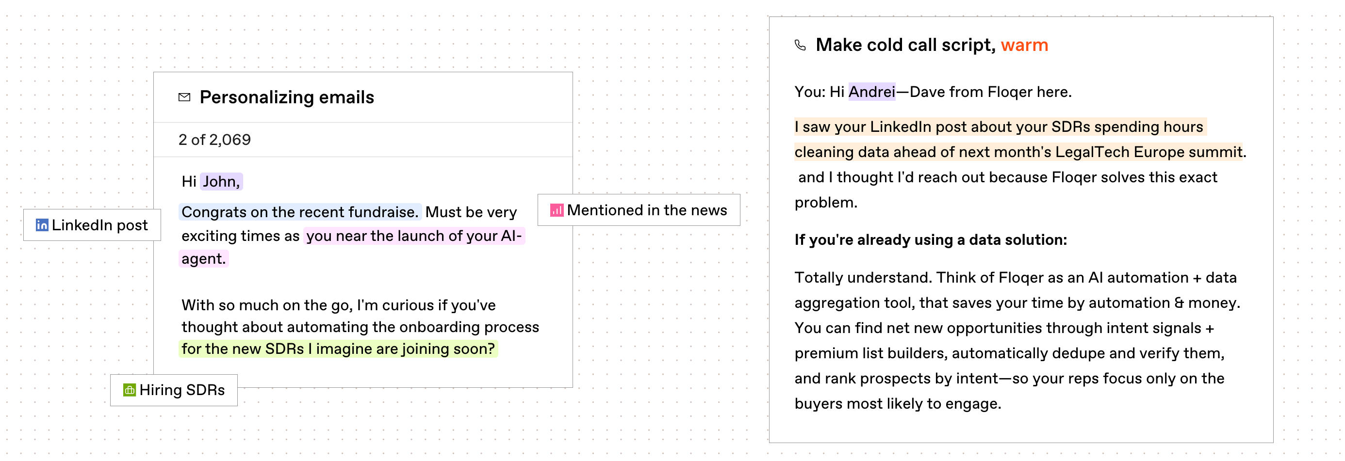 A screenshot of a LinkedIn post and an email discussing personalizing emails and hiring SDRs, with highlighted text and annotations.