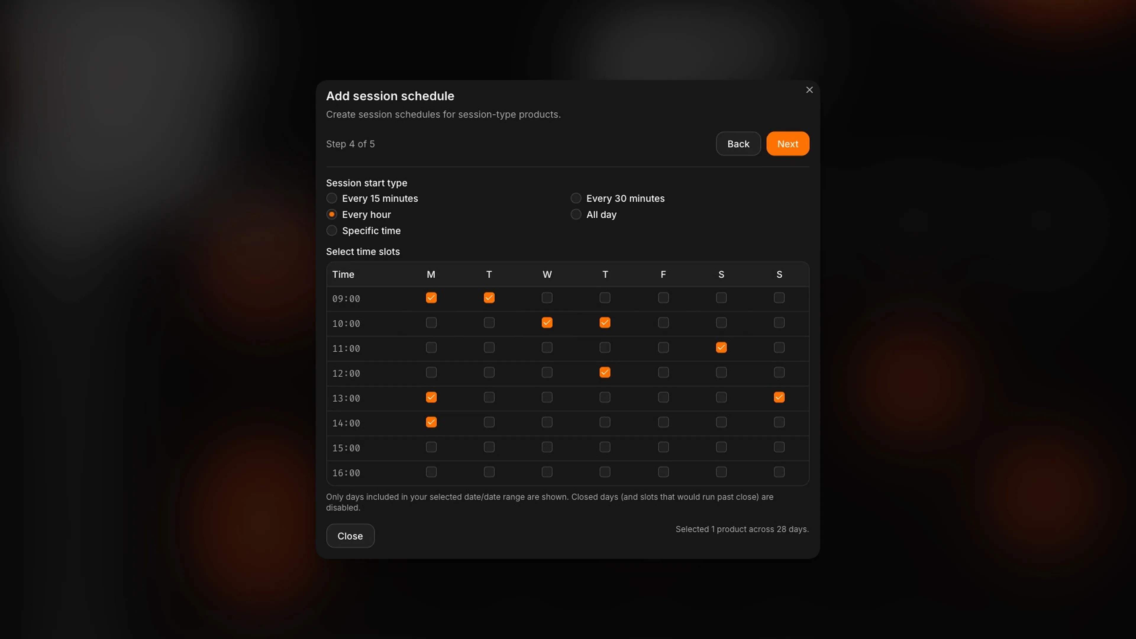 53° Booking Schedule Wizard - Dark