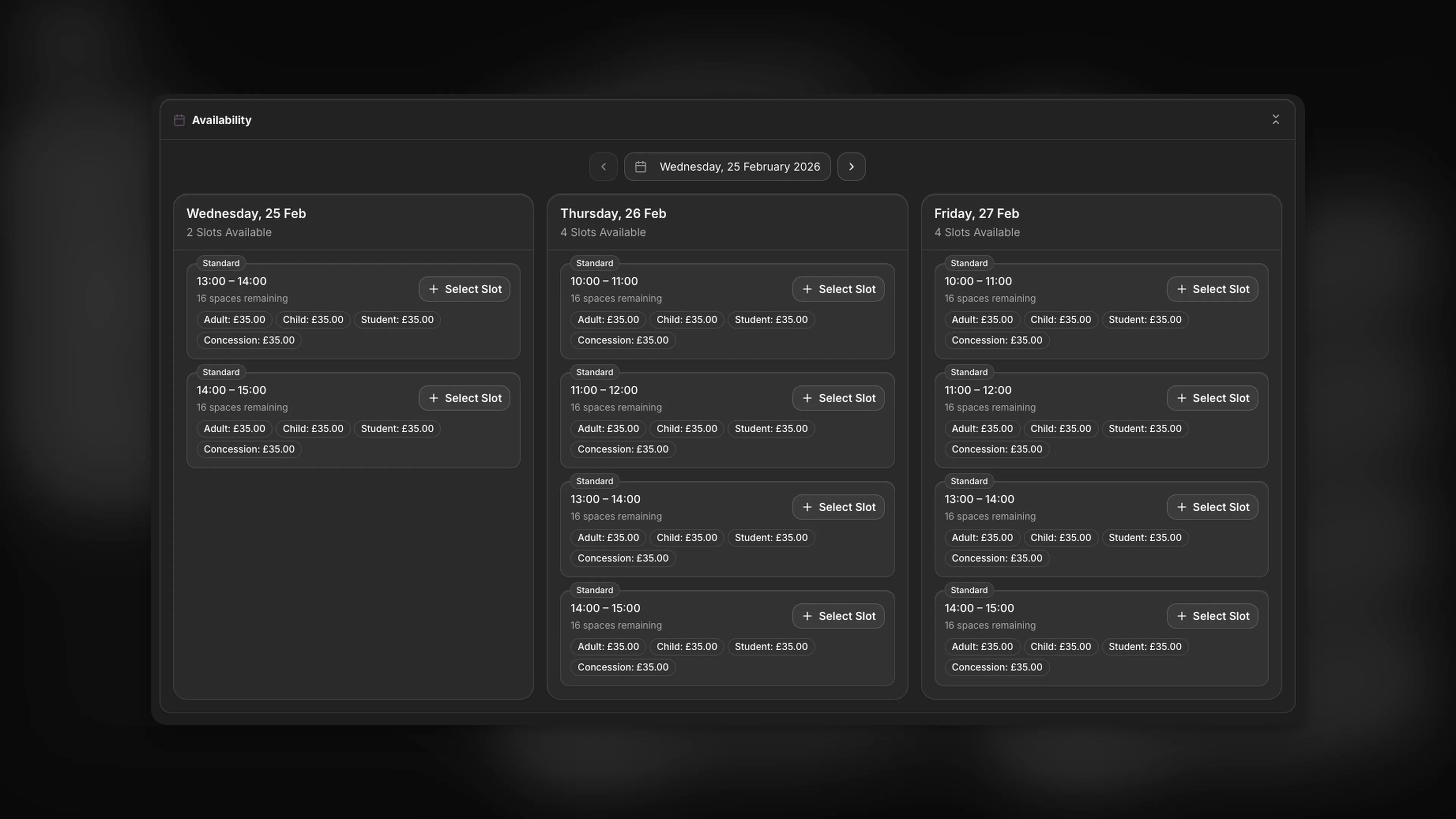 53°Booking Site Customer Availability Calendar - Dark