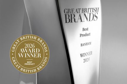 A silver award trophy with "Great British Brands" text and a gold circular badge reading "2026 Award Winner Best Product Banham."