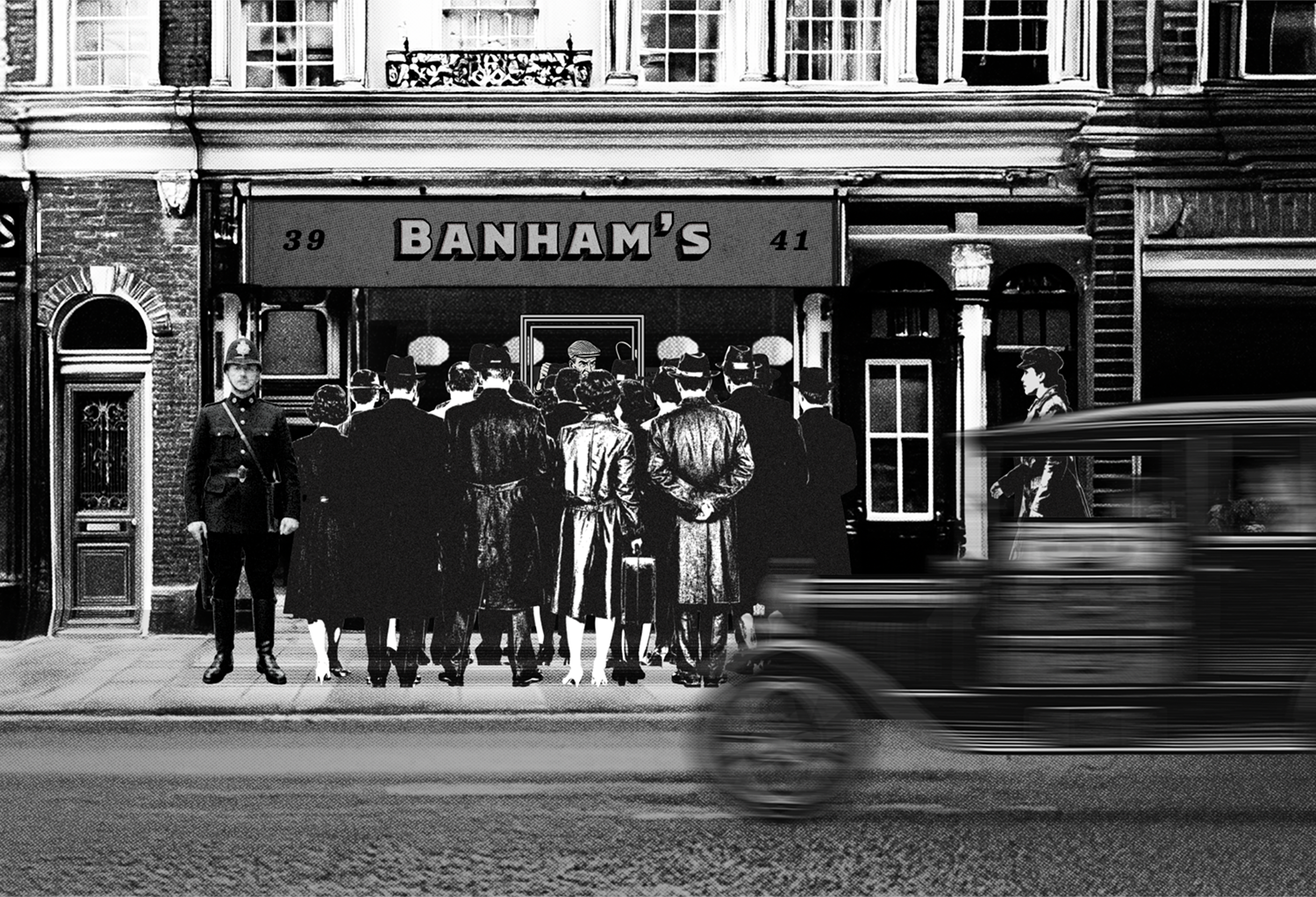 People in vintage attire gather outside "Banham's" shopfront, with a blurred classic car passing by.