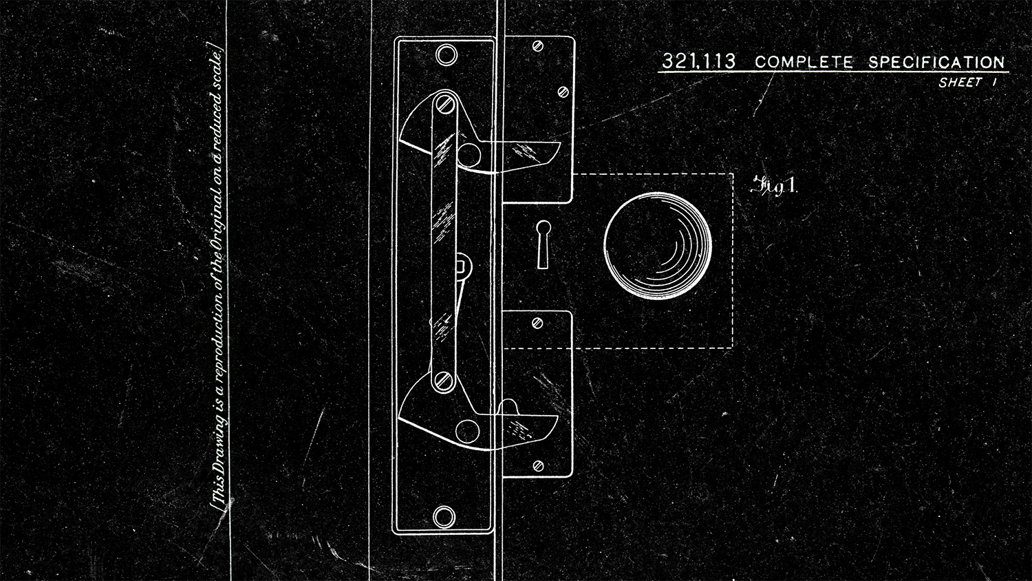 Blueprint design of a mechanical fist Banham invented the first automatic door bolt in 1926 lock with labeled parts, keyhole, and figure 1, on a black background with technical specifications.