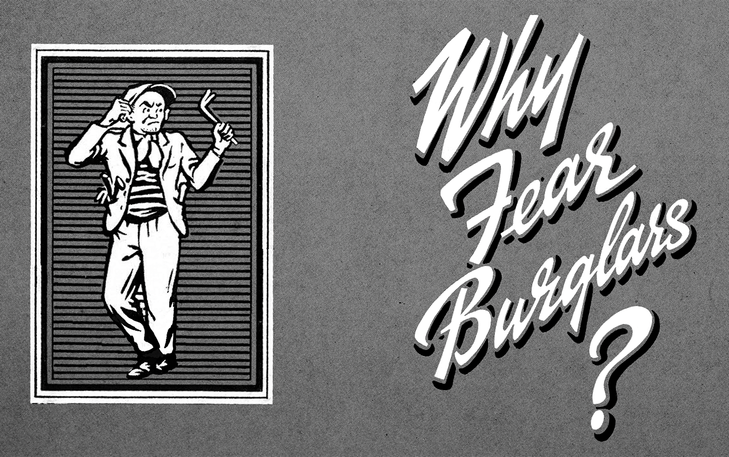 Illustration of a burglar bill with a crowbar, next to the bold question "Why Fear Burglars?" in stylized text on a gray background.