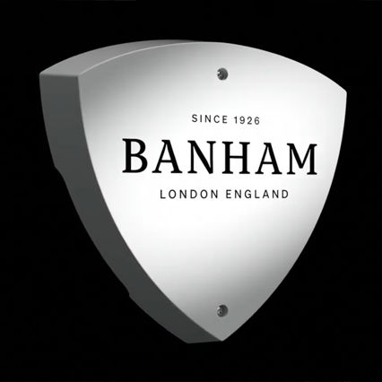 Shield-shaped Banham logo featuring "Since 1926" and "London England" on a black background.