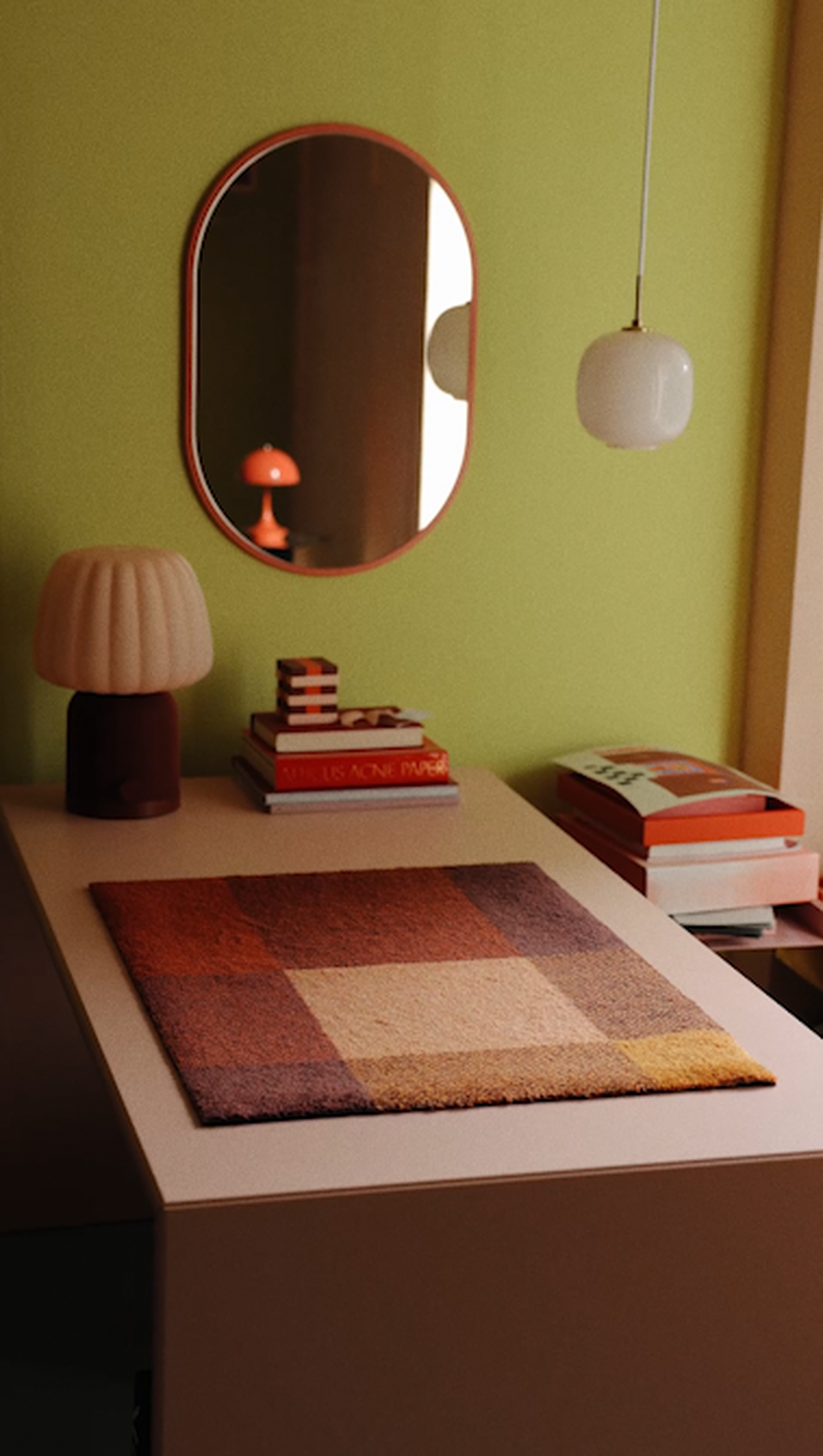 Mix Ember Doormat on a pink bench in a colorful design studio