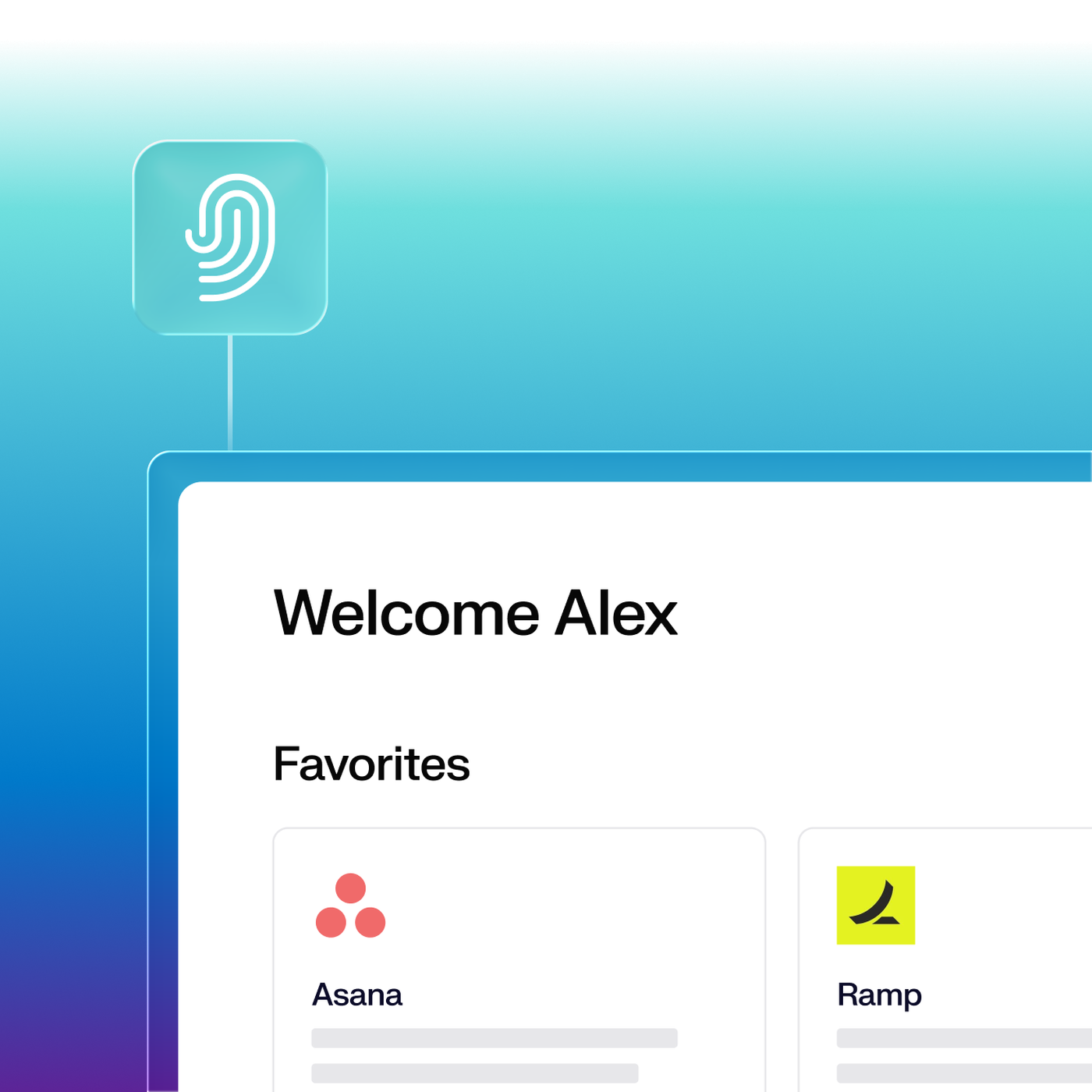 Dashboard interface with a welcome message and application icons for Asana, Ramp, and Notion on a gradient blue background.