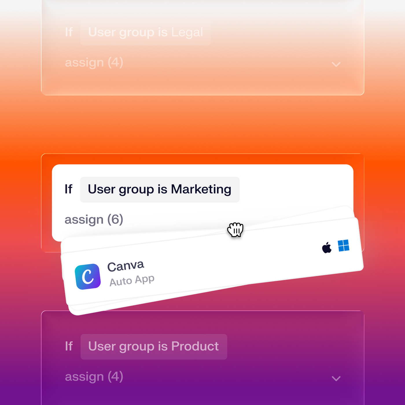A digital interface showing a conditional statement for user groups, with options to assign tasks via Canva, on a gradient orange-purple background.