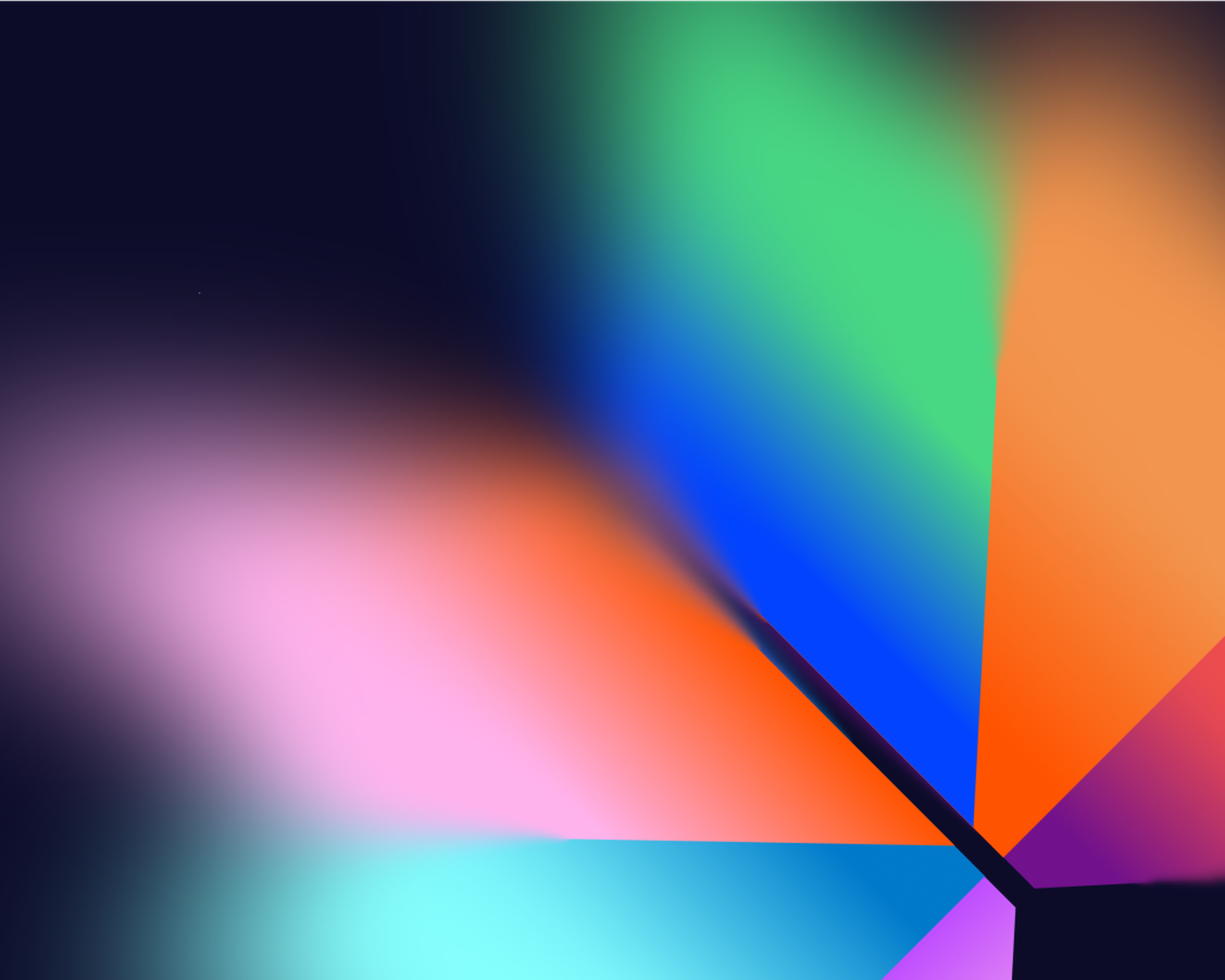 Abstract image with vibrant, blurred colors in triangular shapes, including green, blue, orange, pink, and cyan, against a dark background.