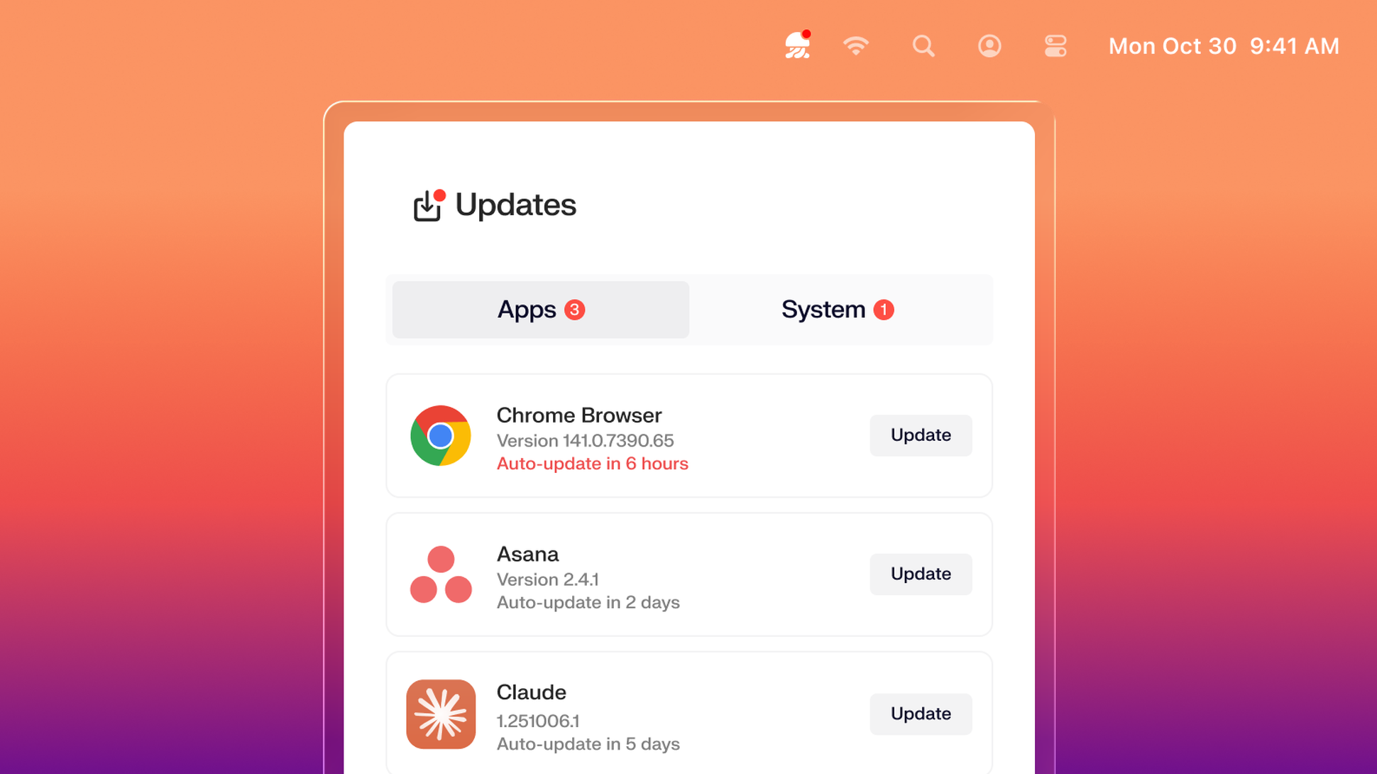 Simplified UI showing a user's desktop with the Iru app open. In the dropdown Chrome, Asana, and Claude are requiring an update.