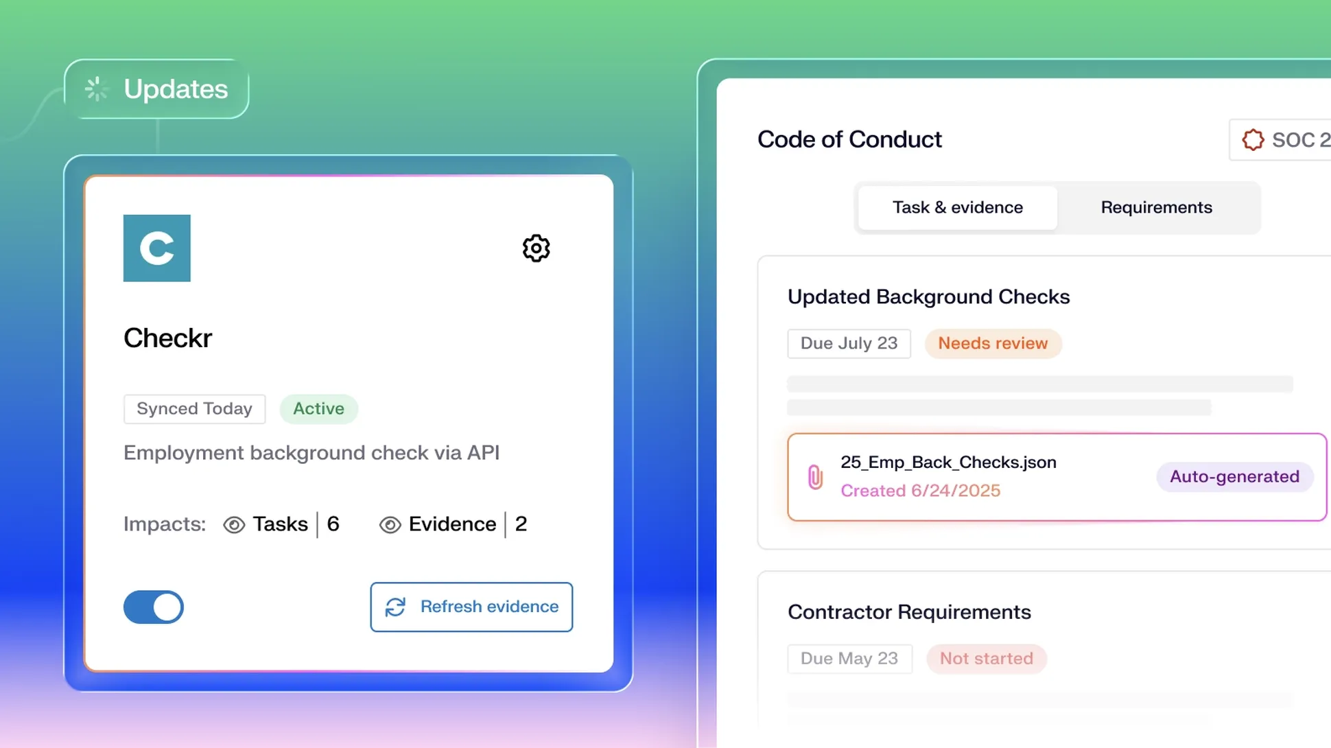 Dashboard showing employment background check status by Checkr, with tasks and evidence, alongside a code of conduct section.