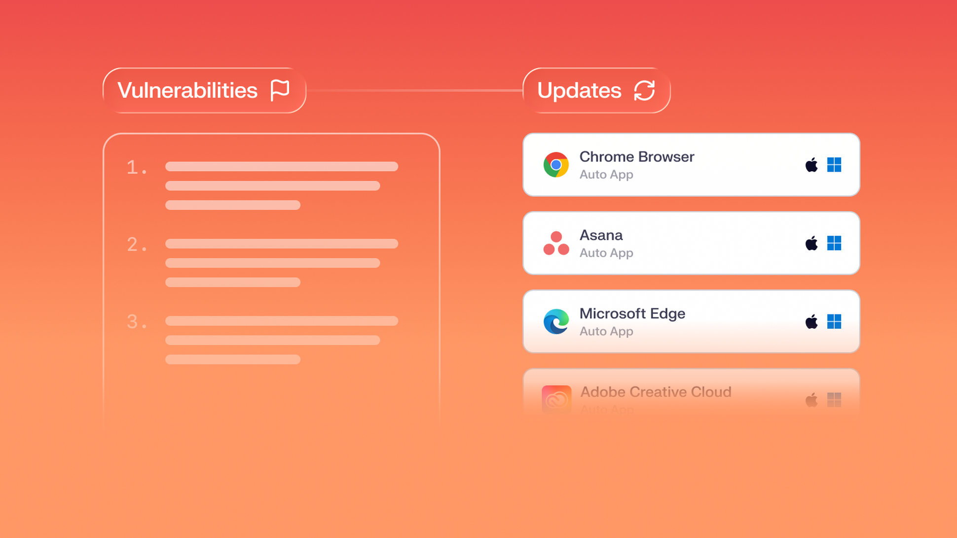 Abstract UI showing Iru seeing vulnerabilities and automatically creating updates to apps