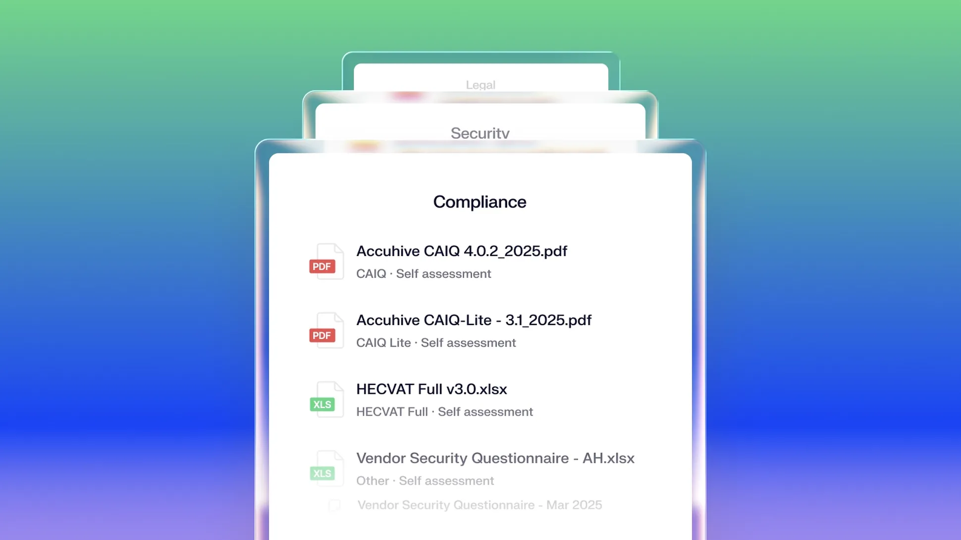 A digital interface displaying a list of compliance documents, including PDF and XLSX files, against a gradient background.