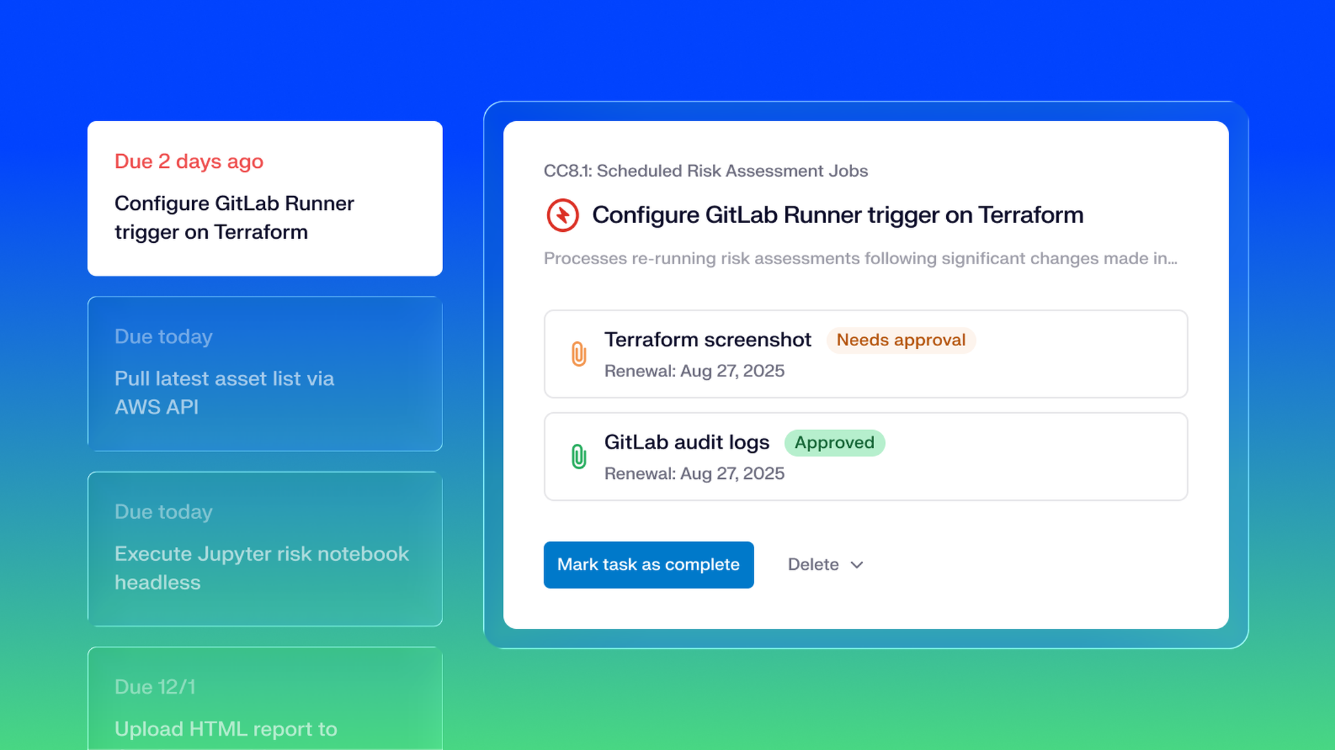 Task management interface showing a due task for configuring a GitLab Runner trigger on Terraform, with sections for approvals and completed tasks.