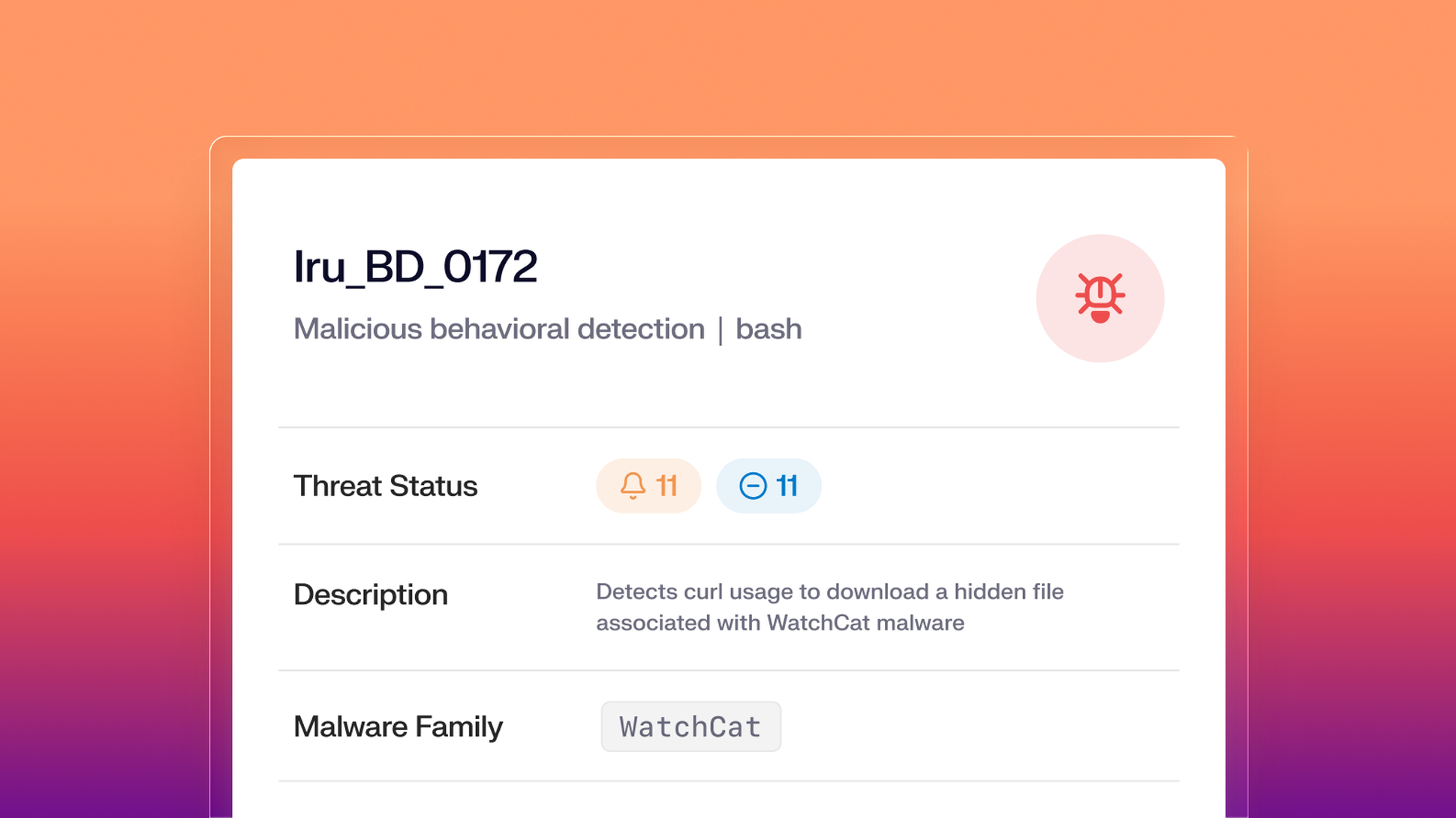 Simplified UI showing a threat and its description, status, and malware family.