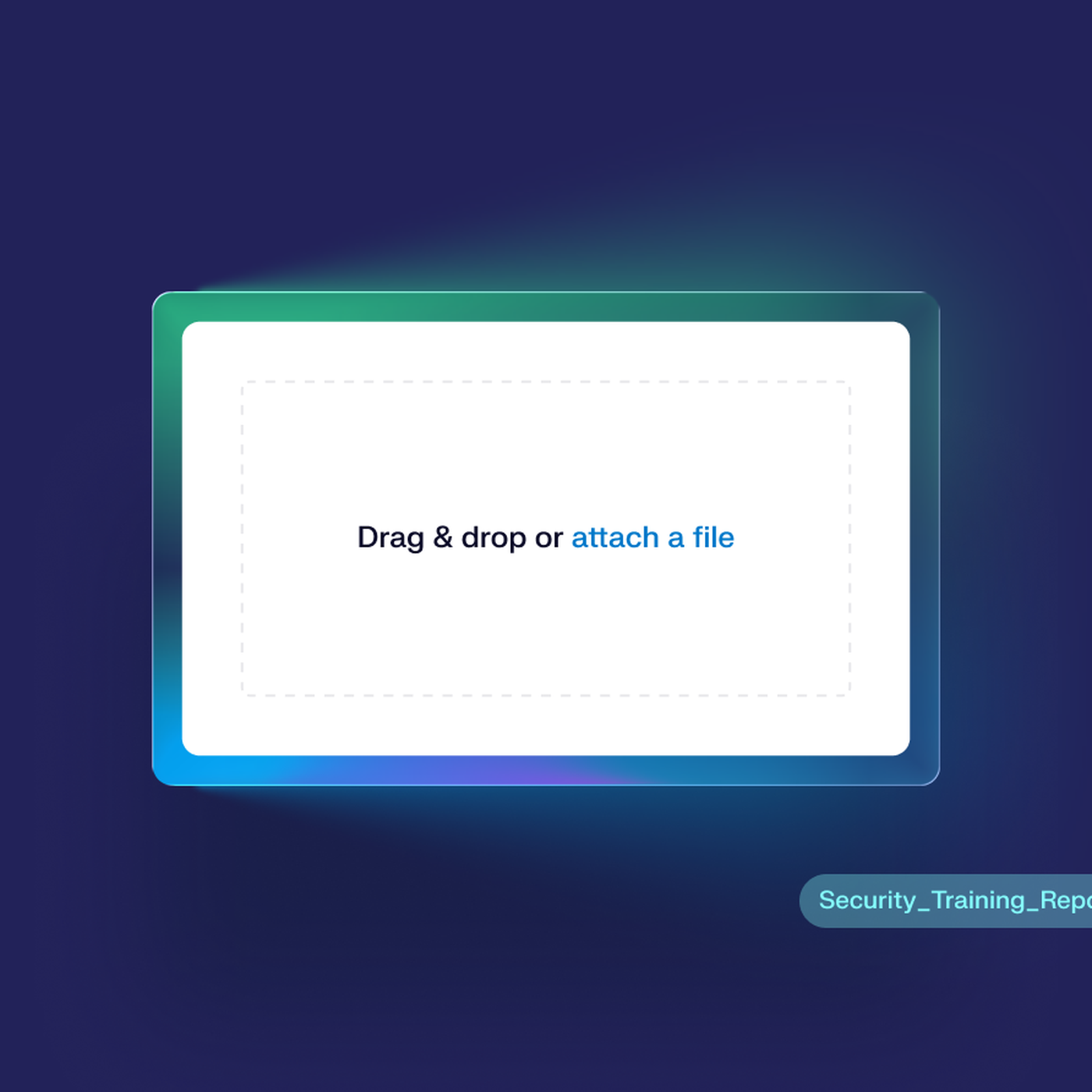 File upload interface on a dark blue background with a highlighted PDF file named "Security_Training_Report.pdf" ready to be dragged.